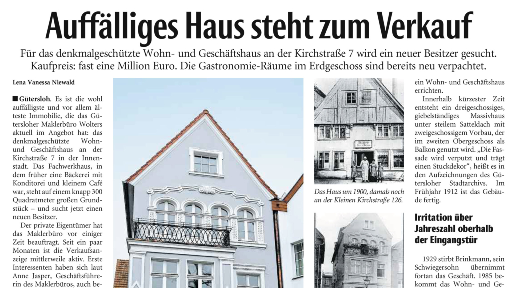 Artikel in der NW über Hausverkauf Kirchstraße in Gütersloh