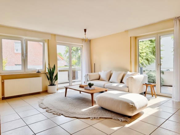 Wohnzimmer mit Zugang zum überdachten Balkon (Beispielmöblierung)