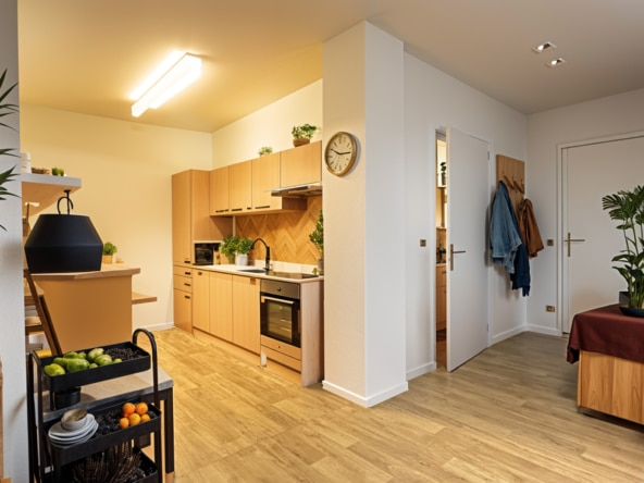 offene Küche mit Eingangsbereich staged